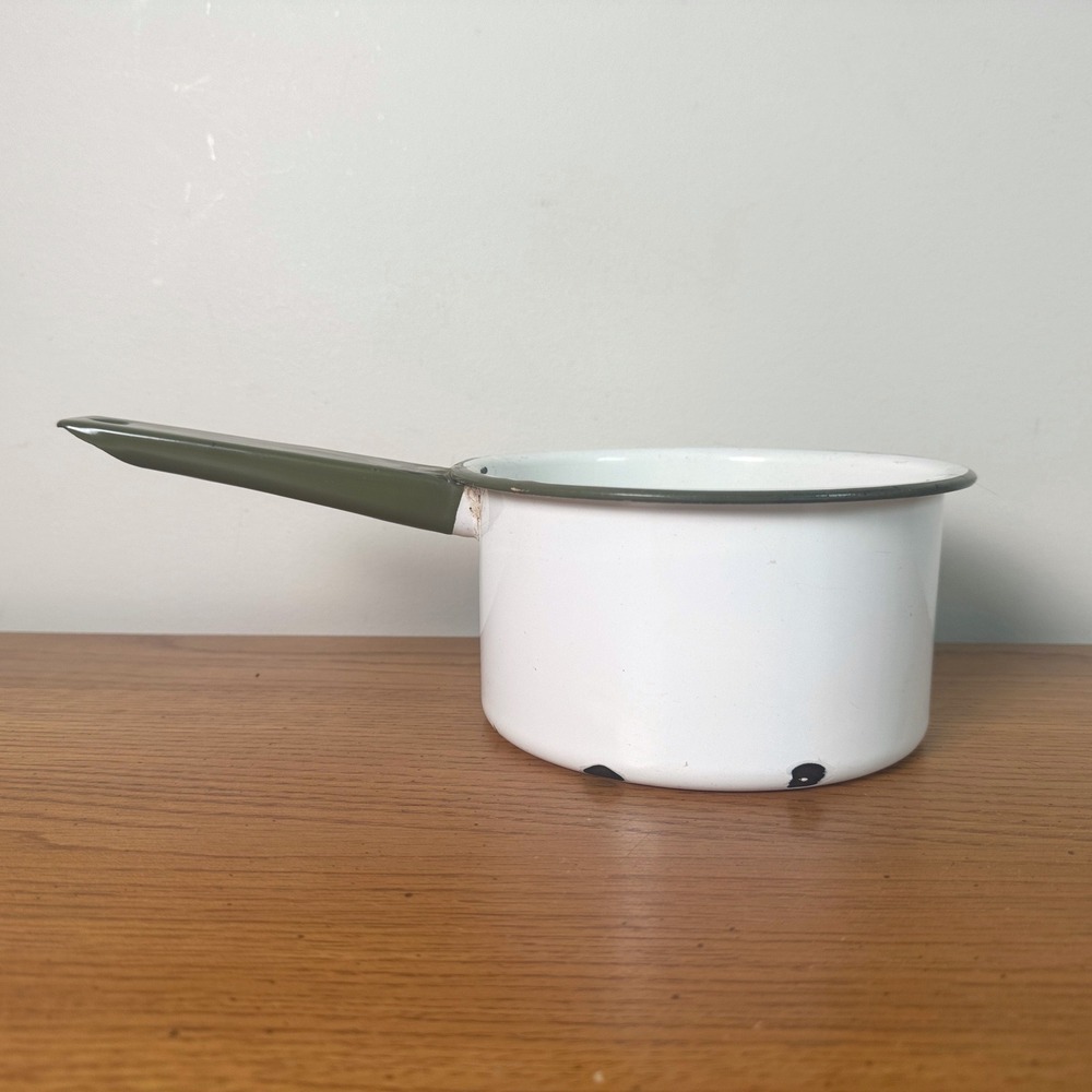Vintage Enamelware Saucepan‎ White Olive Green Trim Rustic Farmhouse Decor Pot